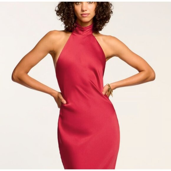Ramy Brook $645 Tatiana Red Satin Halter Maxi Dress Bow Backless Gown Sz 6 NEW - Picture 4 of 10